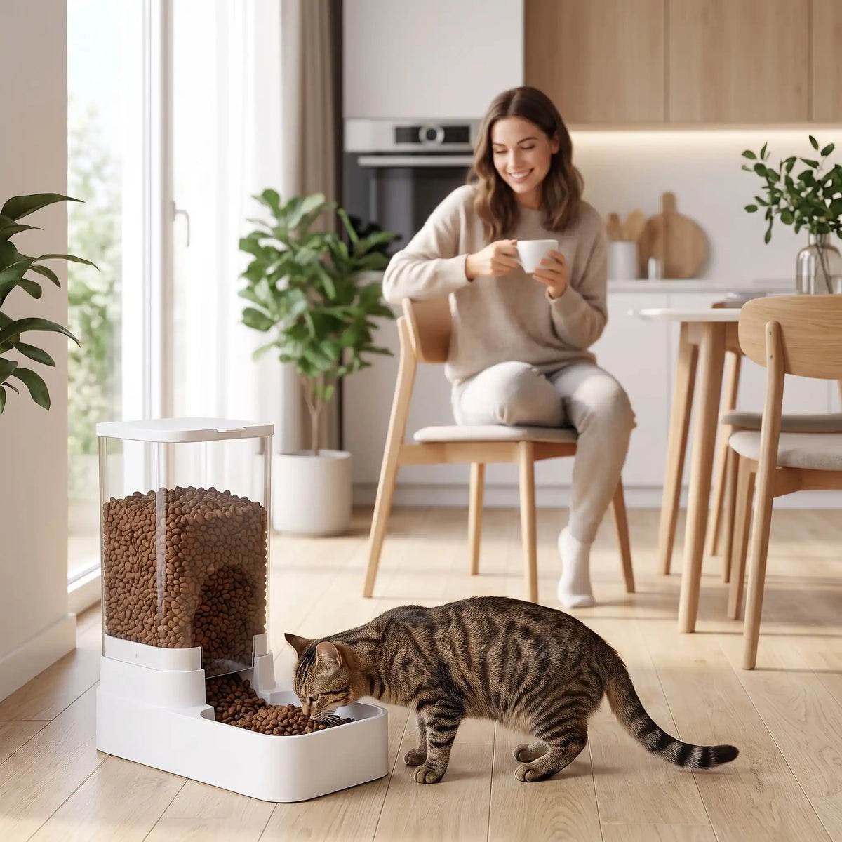 Chat mangeant au distributeur automatique de croquettes pour chat avec femme dernière