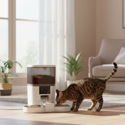 Distributeur automatique croquettes chat de couleur blanc