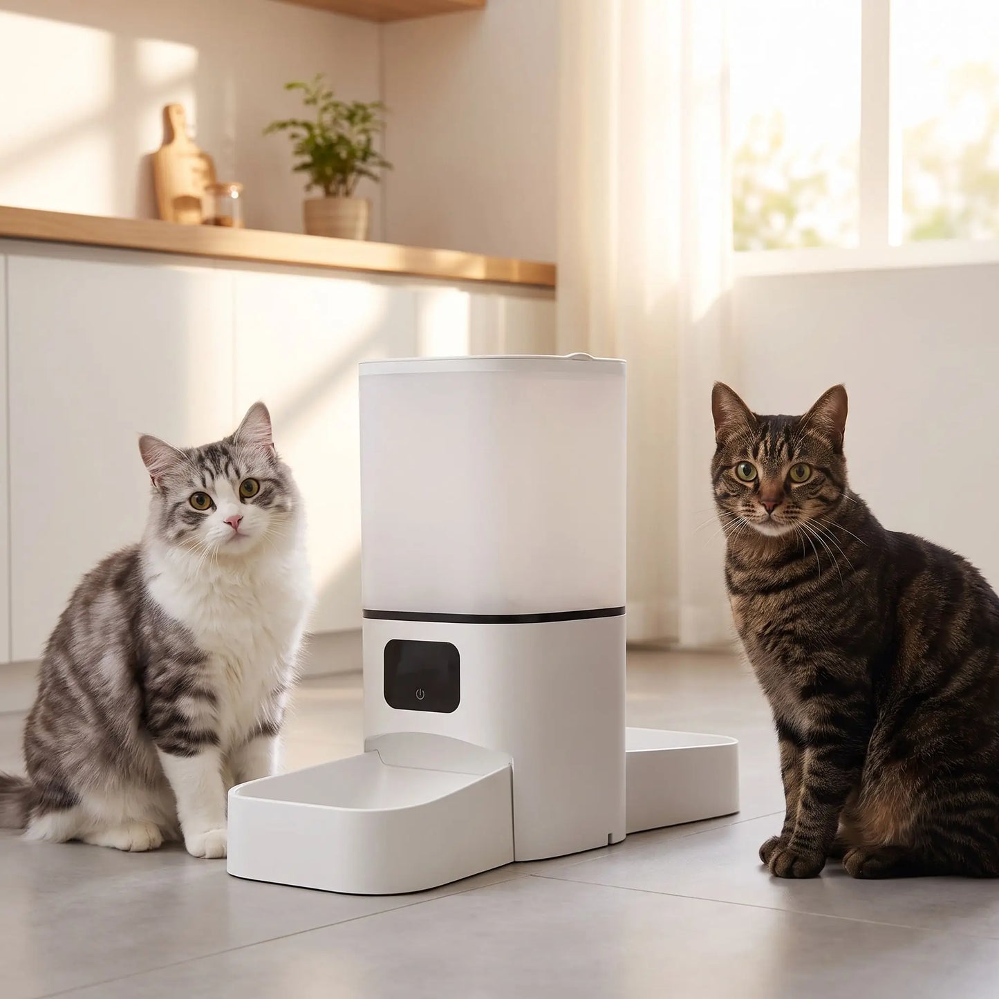 distributeur croquette chat nourrissant deux chats