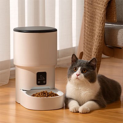 Distributeur croquettes chat blanc mat avec couvercle noir