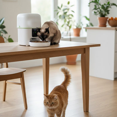 Distributeur croquettes chat utilisé par un siamois sur une table