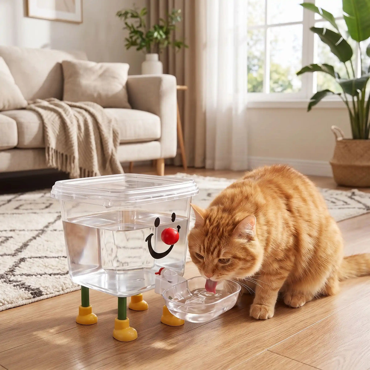 Distributeur d'eau pour chat utilisé par un chat roux en intérieur