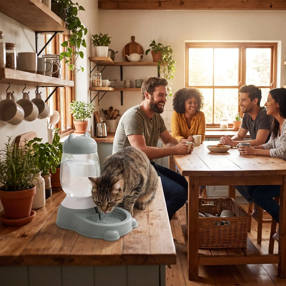 distributeur d'eau pour chat utilisé par un félin en cuisine