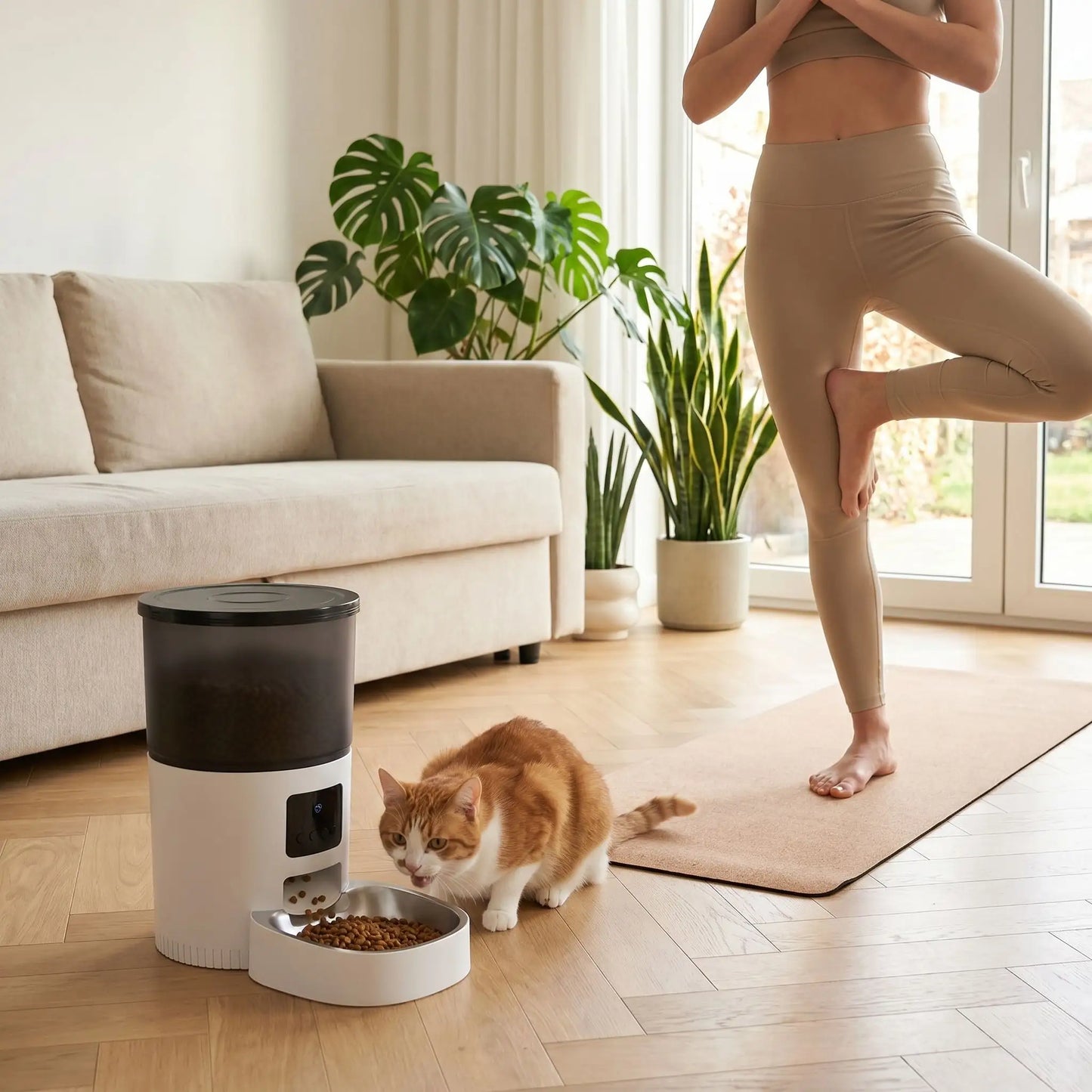 Distributeur de croquettes chat pendant séance de yoga zen