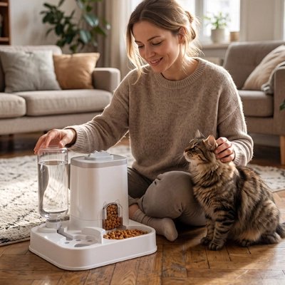 Distributeur eau et croquettes pour chat utilisé dans un salon