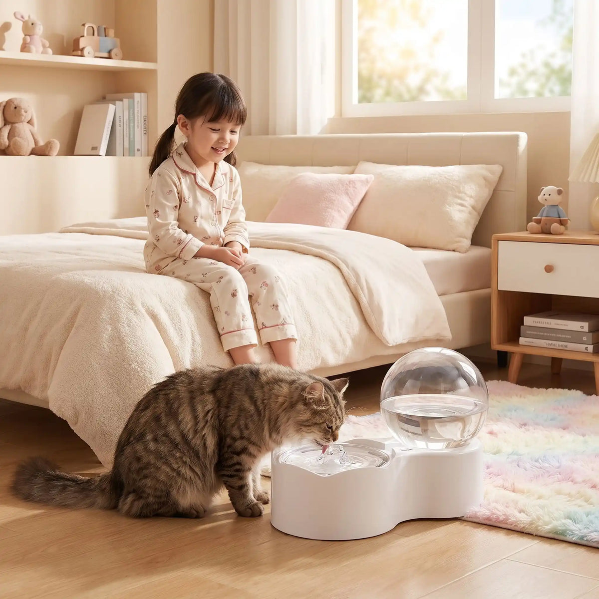 Fontaine à eau chat sans électricité utilisée par chat dans une chambre