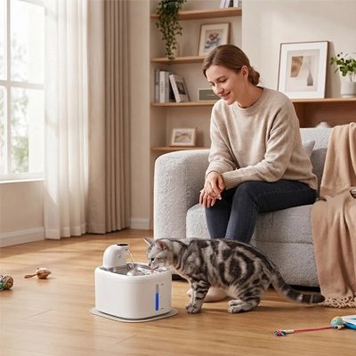 Fontaine à eau chat sans fil utilisée par un chat tigré en intérieur