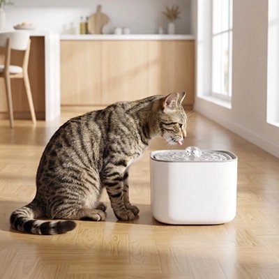 Fontaine a eau Chat utilisée par un chat tigré en intérieur