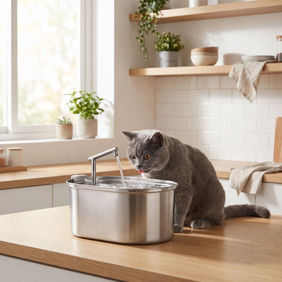 Fontaine eau chat en inox avec un chat gris qui boit