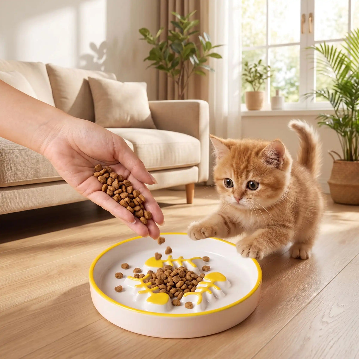 Gamelle anti glouton chaton orange s'approche d'une main offrant croquettes