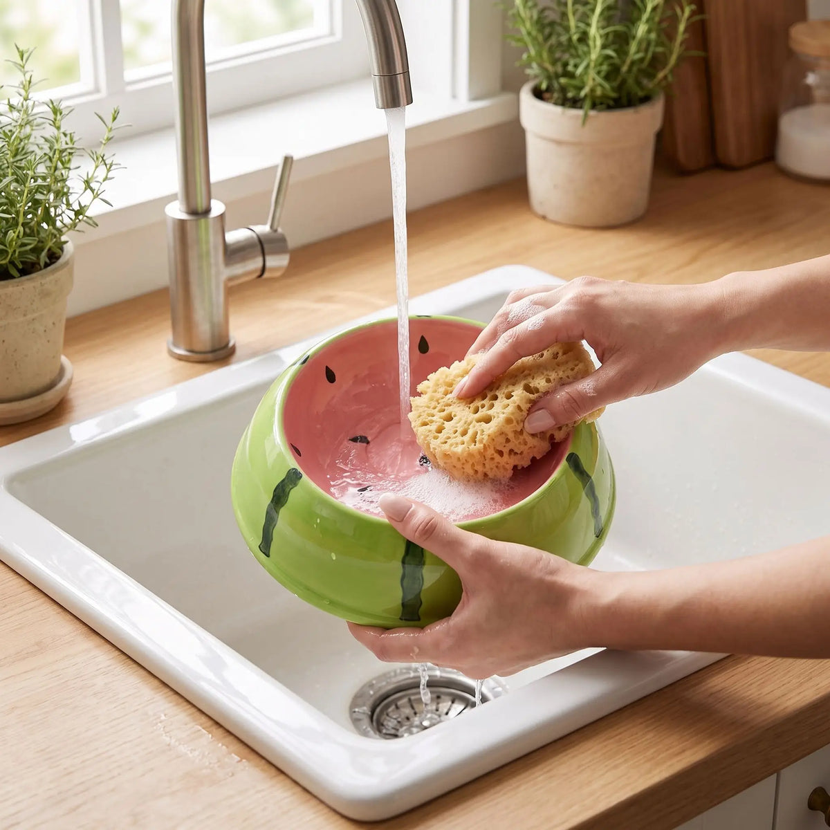 Gamelle ceramique pour chat lavée dans une évier de cuisine.