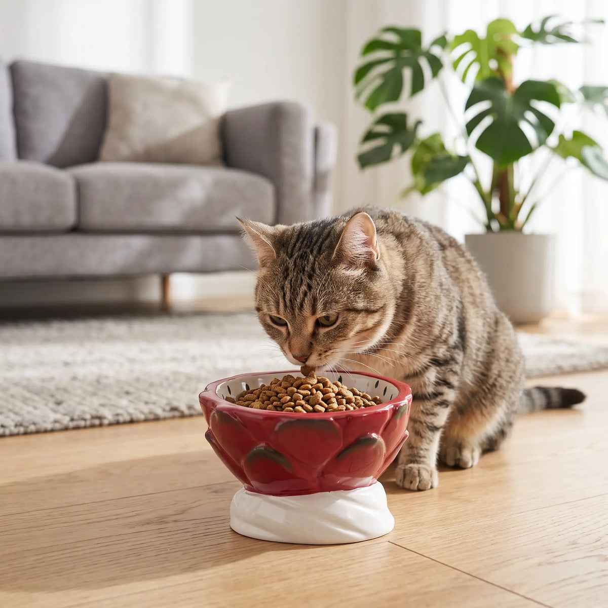 gamelle chat ceramique rouge utilisée par un chat au salon