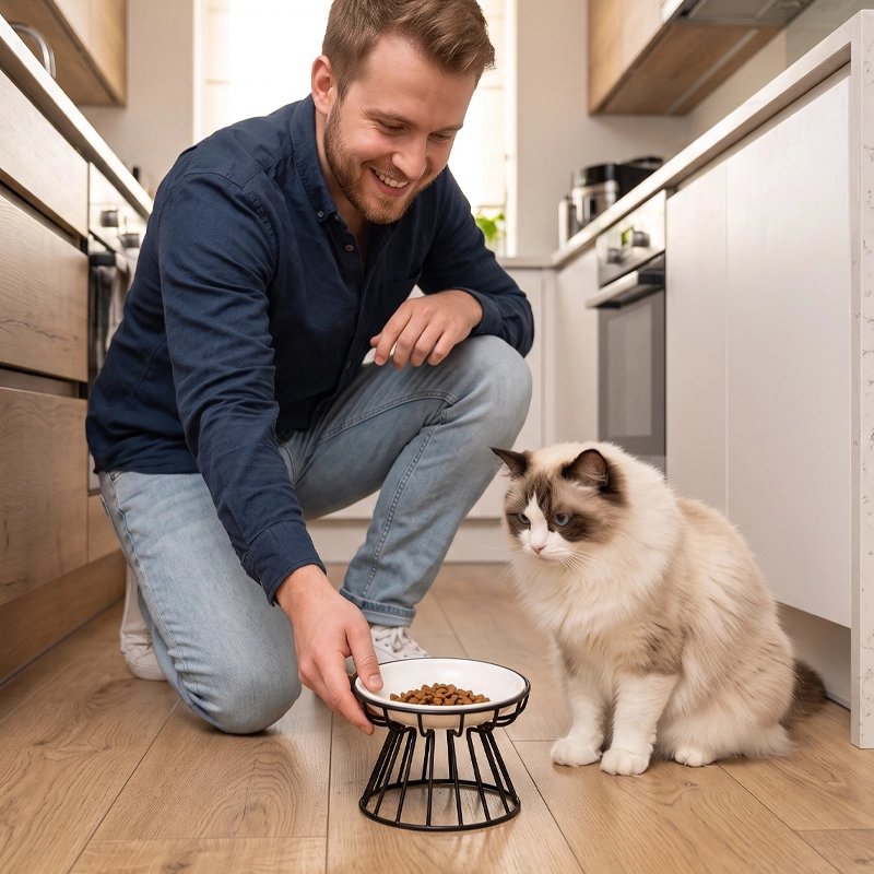 Gamelle Chat surélevée qui est déposé au sol par homme devant chat
