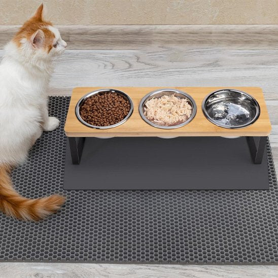 gamelle chat surélevée sur un tapis près d'un chat