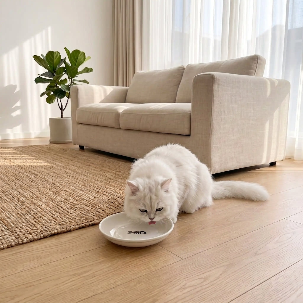 Gamelle en ceramique pour chat utilisée par un chat blanc dans salon