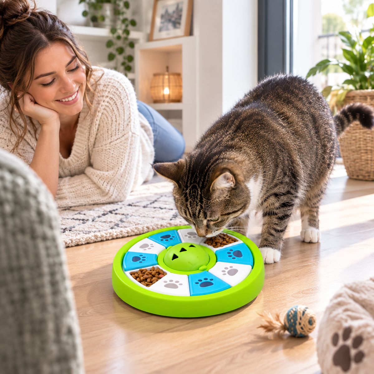 Gamelle ludique chat utilisée par un chat tigré en intérieur