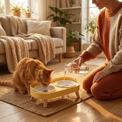 Gamelle pour Chat surélevée avec chat qui bois avec propriétaire