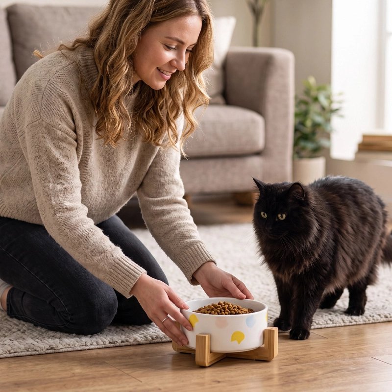 Gamelle pour chat surélevée qui est déposé par femme au salon devant chat
