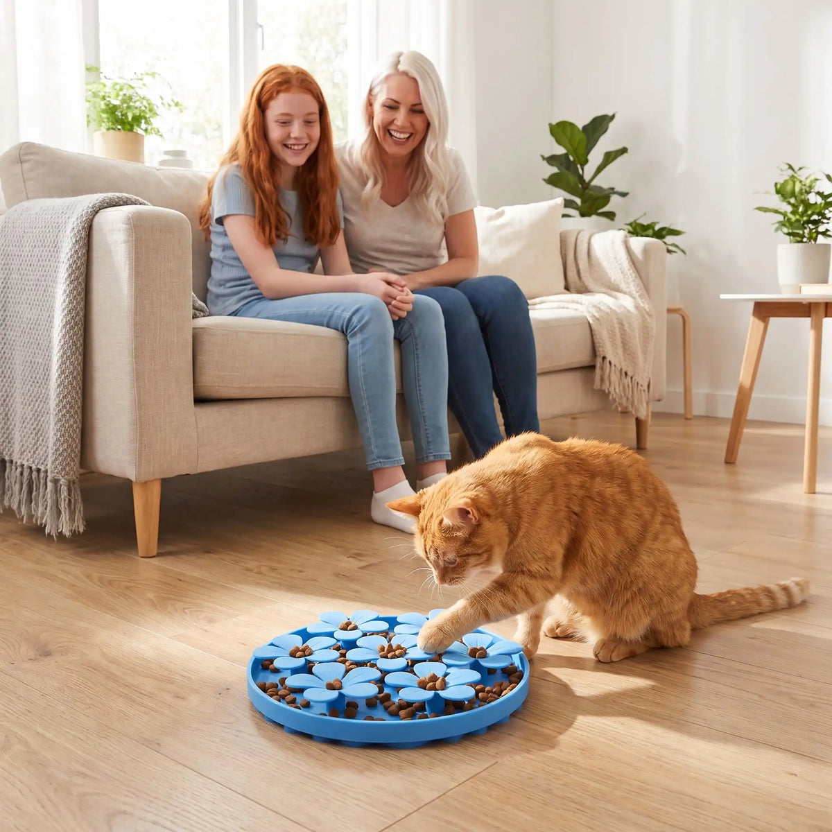 tapis anti glouton chat utilisé par un chat roux en famille