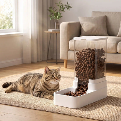 Chat allongé près d'un distributeur automatique de croquettes pour chat
