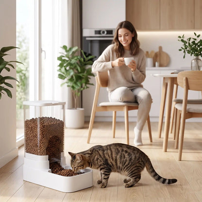 Chat mangeant au distributeur automatique de croquettes pour chat avec femme dernière