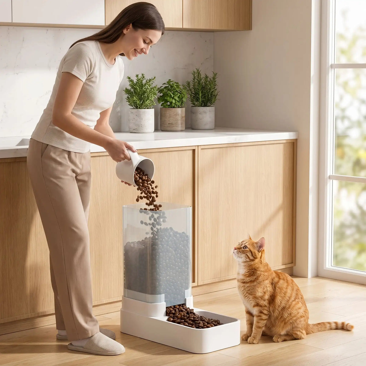  Femme versant croquettes dans un distributeur automatique de croquettes pour chat
