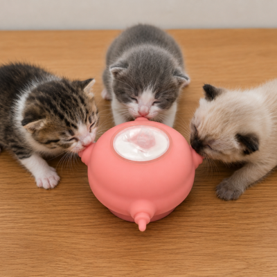 biberon chaton avec 3 chatons buvant du lait confortablement