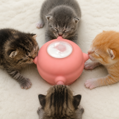 biberon chaton avec quatre chatons à leurs tétine buvant lait