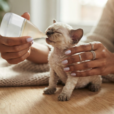 biberon pour chaton nourri à la main sur table en bois