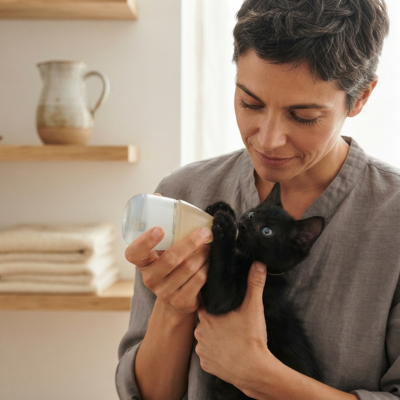 biberon pour chaton tenu par femme dans cuisine lumineuse
