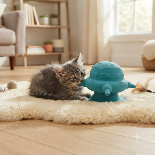 biberon pour chatons exploré par chaton gris au salon