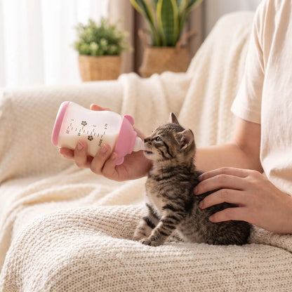 biberon pour chatons nourri au salon sur canapé