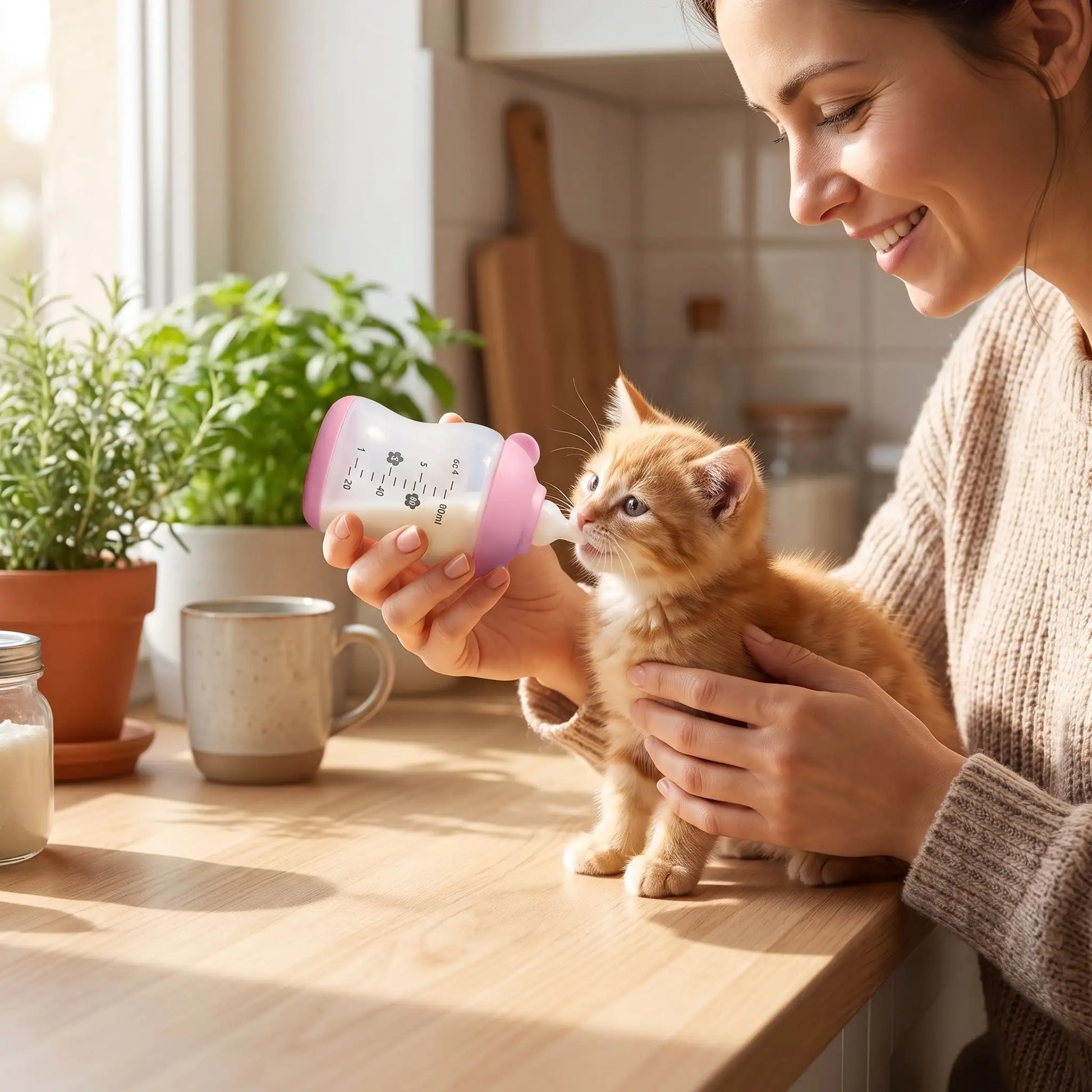 biberon pour chatons nourri par femme dans cuisine ensoleillée