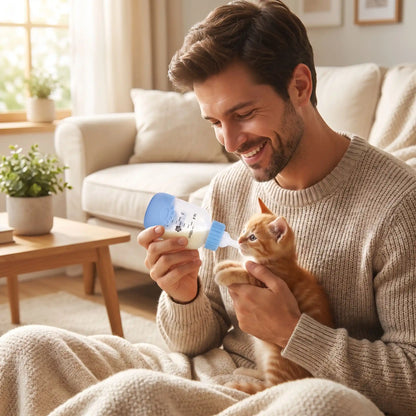 biberon pour chatons nourri par un homme au salon