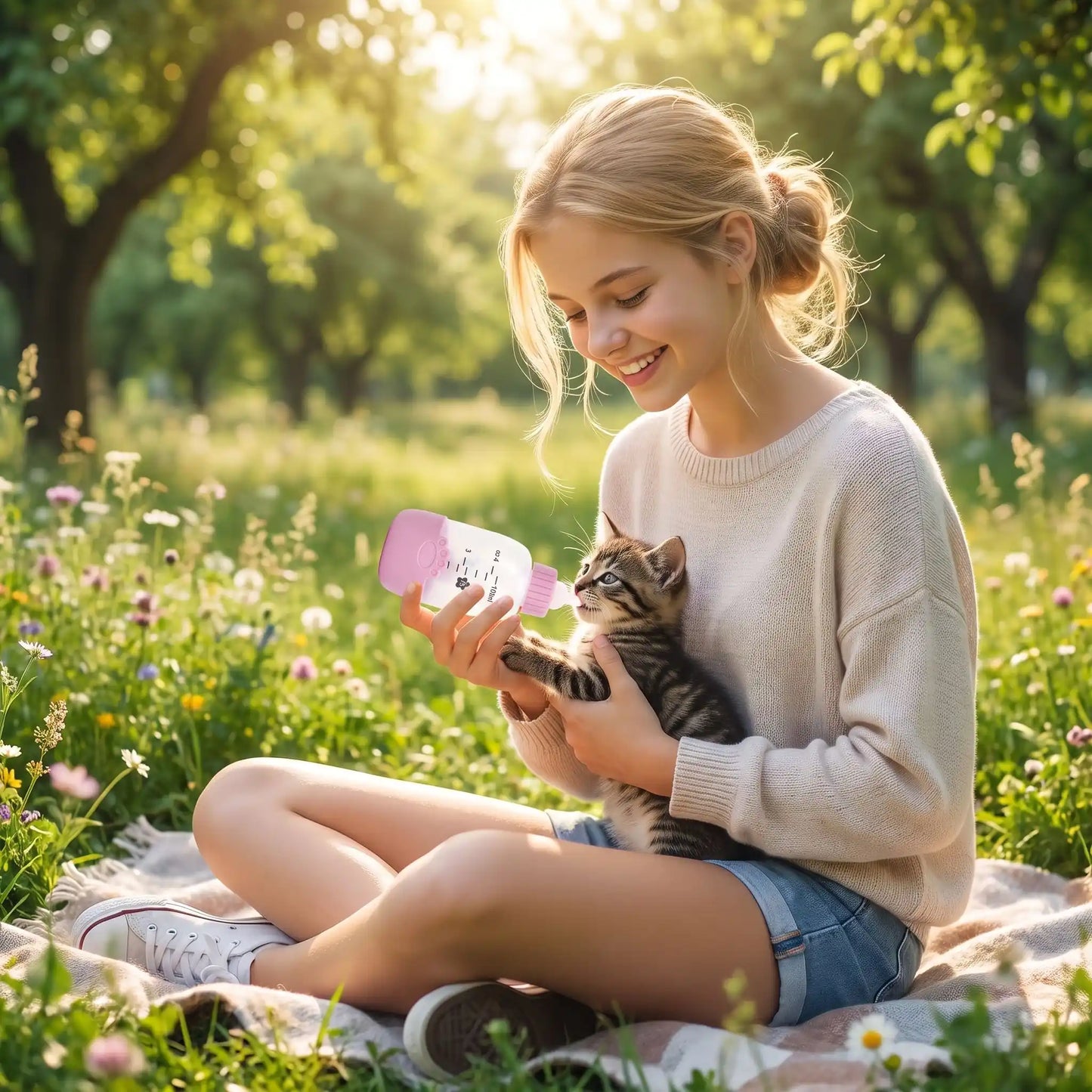 biberon pour chatons utilisé par enfant dans jardin fleuri