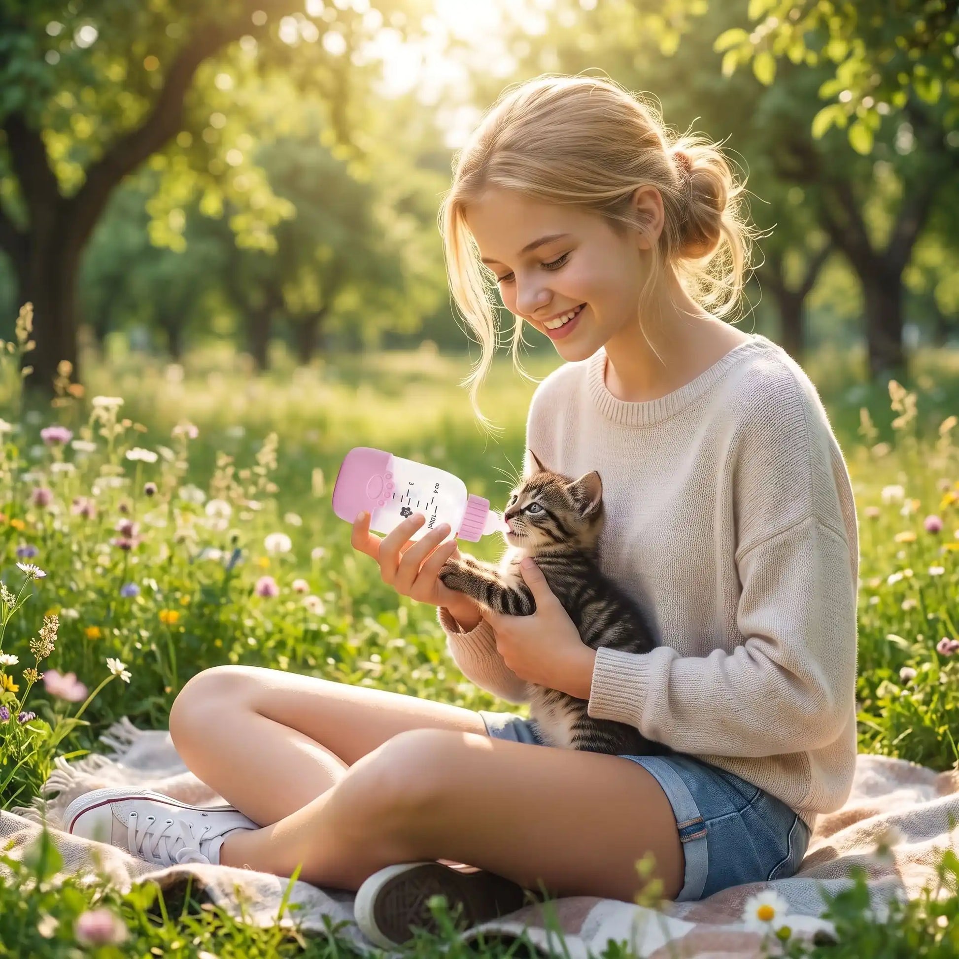 biberon pour chatons utilisé par enfant dans jardin fleuri