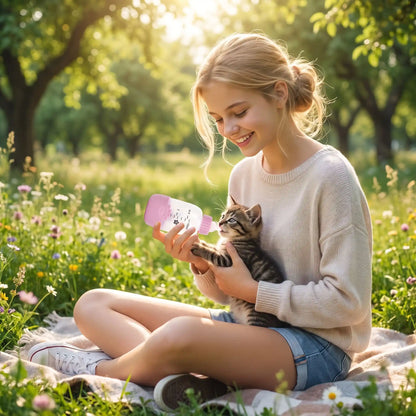 biberon pour chatons utilisé par enfant dans jardin fleuri