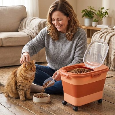 Boite à croquettes Chat avec maîtresse au salon