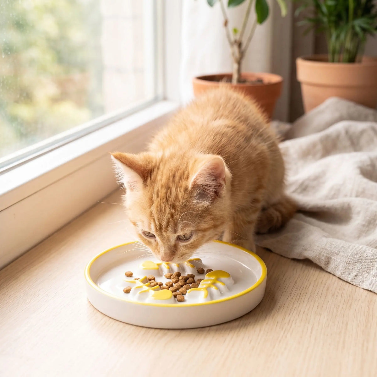 Chaton mange croquettes dans gamelle anti glouton chaton près d'une fenêtre