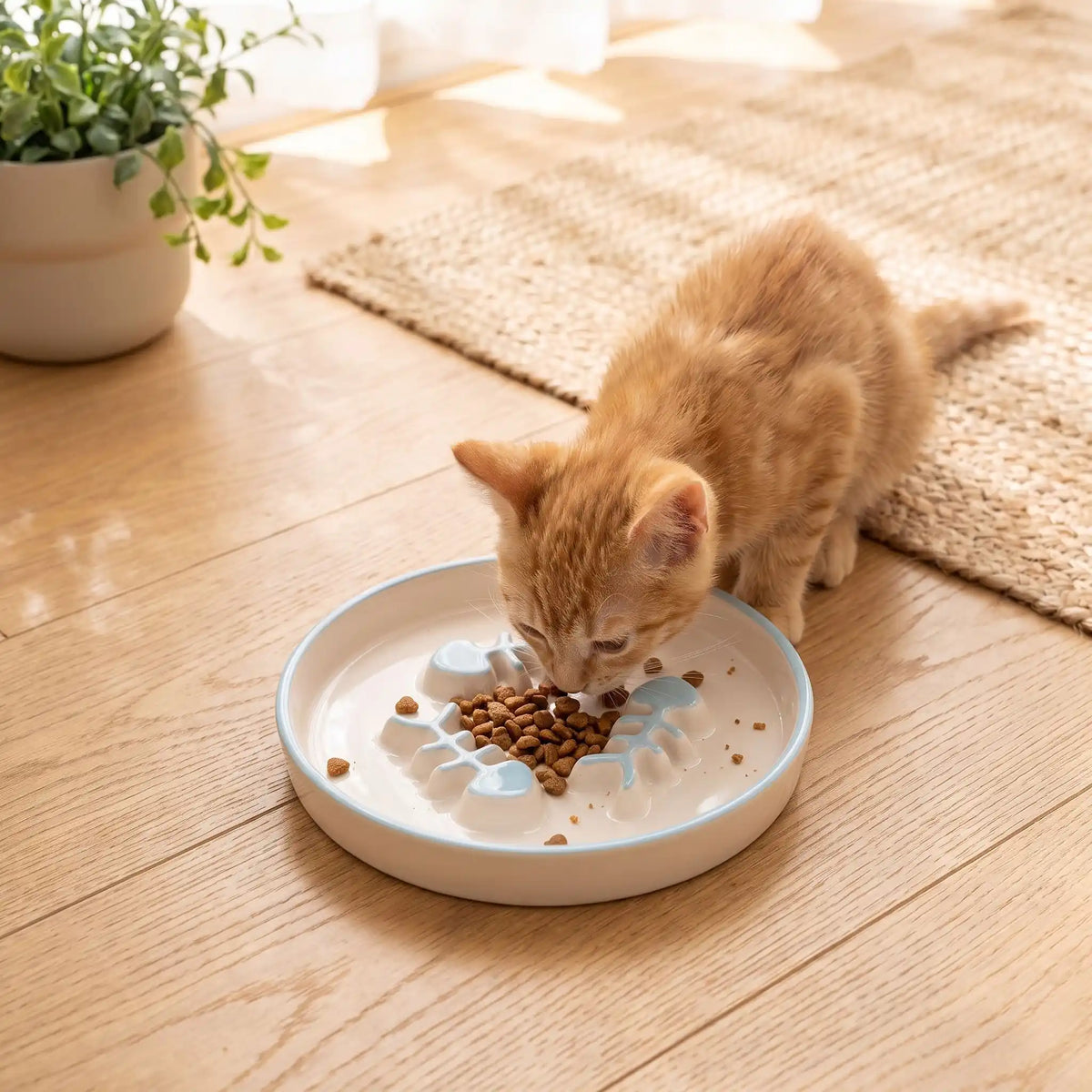  Chaton mange croquettes dans gamelle anti glouton sur sol en bois