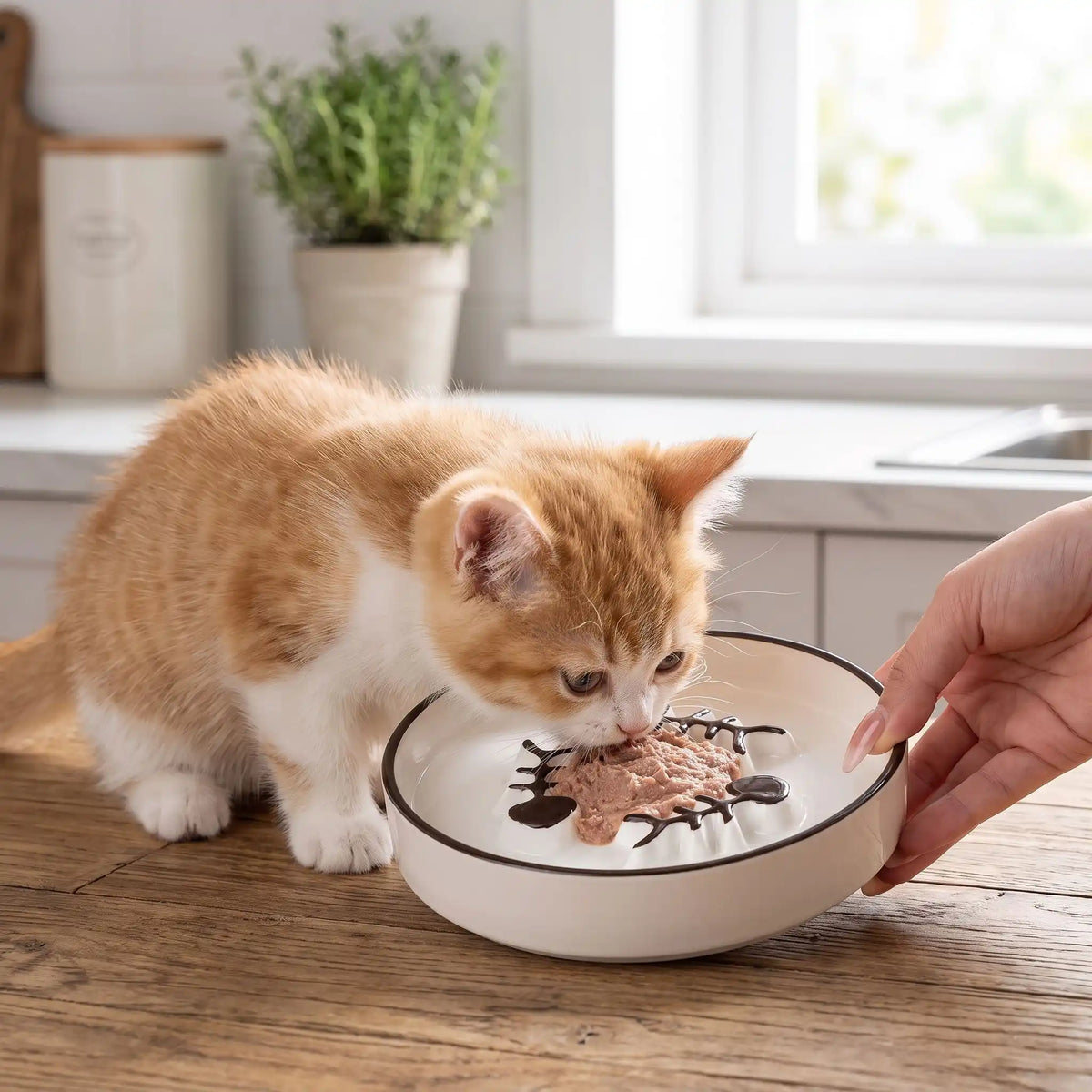 Chaton orange et blanc mange pâtée dans gamelle anti glouton