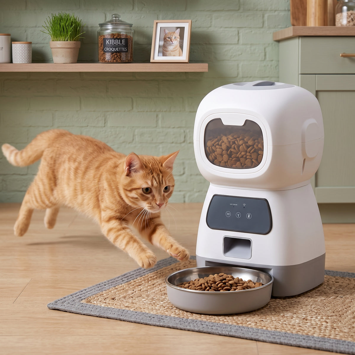 Distributeur automatique de croquettes chat attirant un félin bondissant