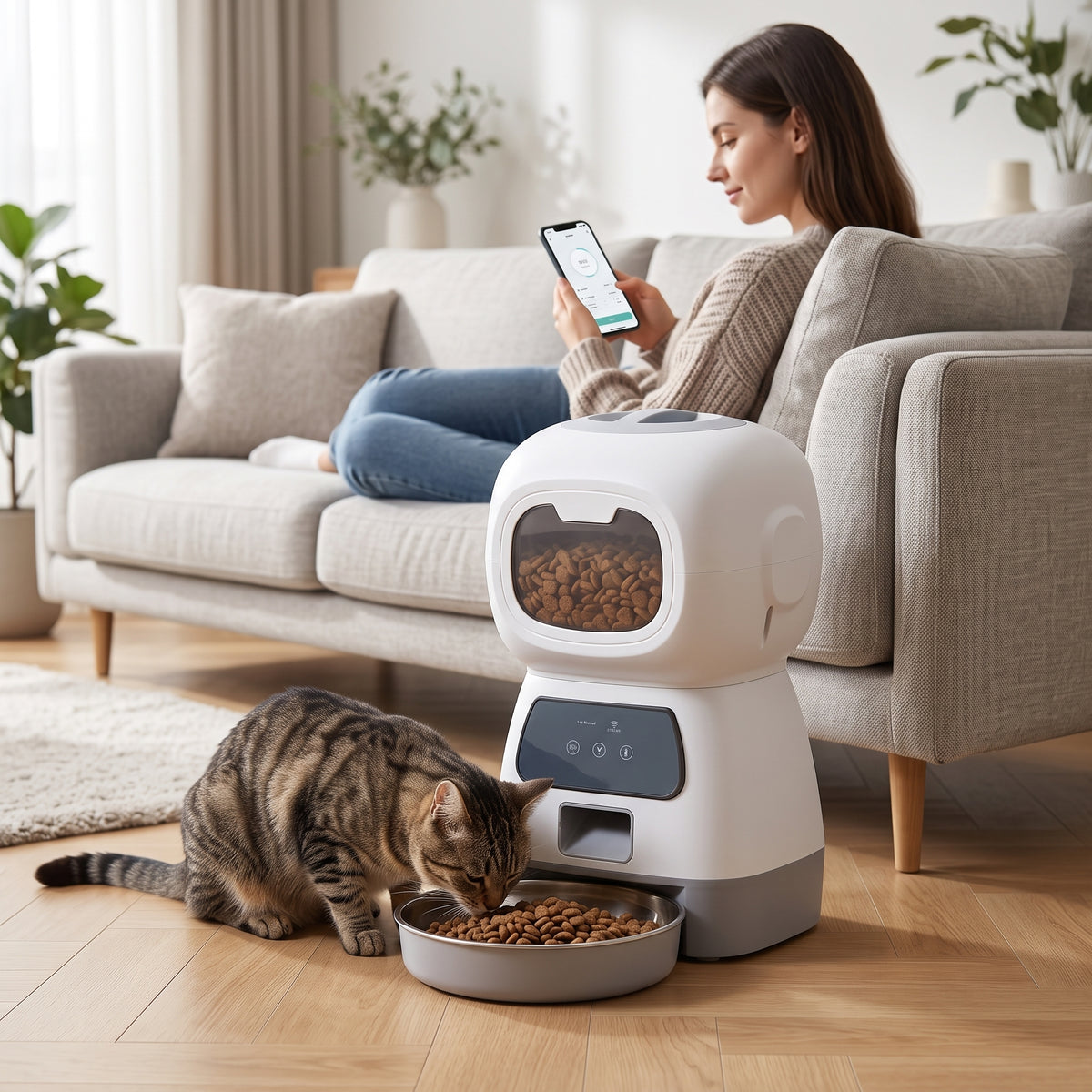 Distributeur automatique de croquettes chat connecté, contrôlé via smartphone