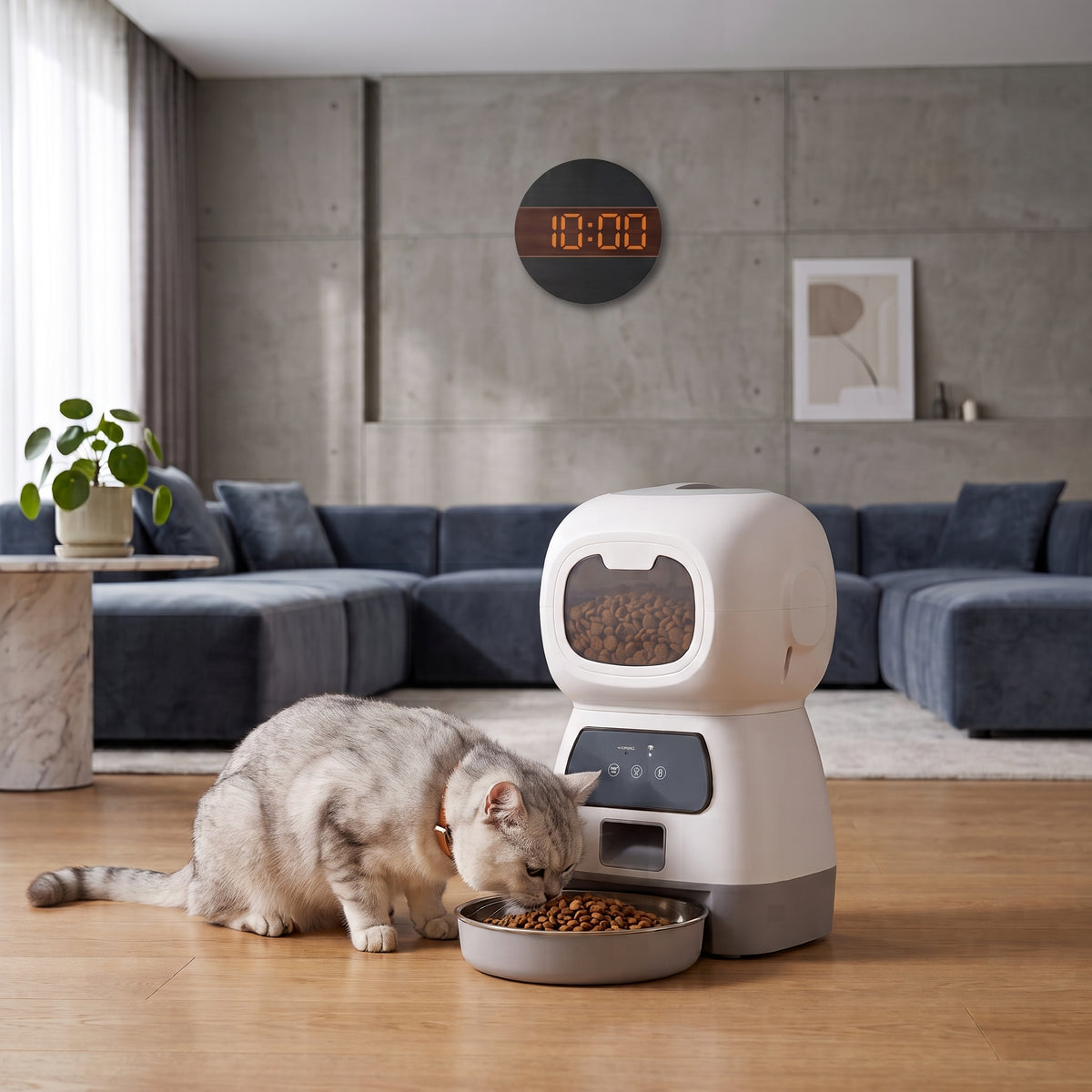 distributeur automatique de croquettes chat nourrit un félin dans salon moderne
