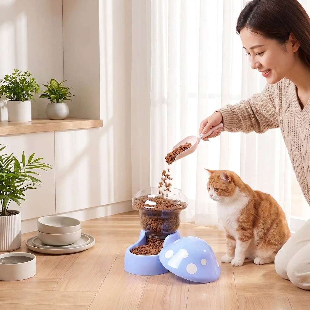 Distributeur croquette chat automatique rempli par une femme souriante