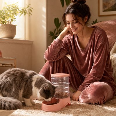 Distributeur croquette chat automatique utilisé par un chat gris à la maison