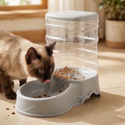 Distributeur croquette chat automatique utilisé par un siamois mangeant
