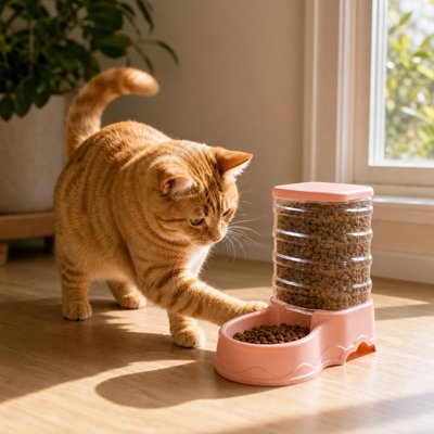 Distributeur croquette chat automatique utilisé par un chat roux en intérieur