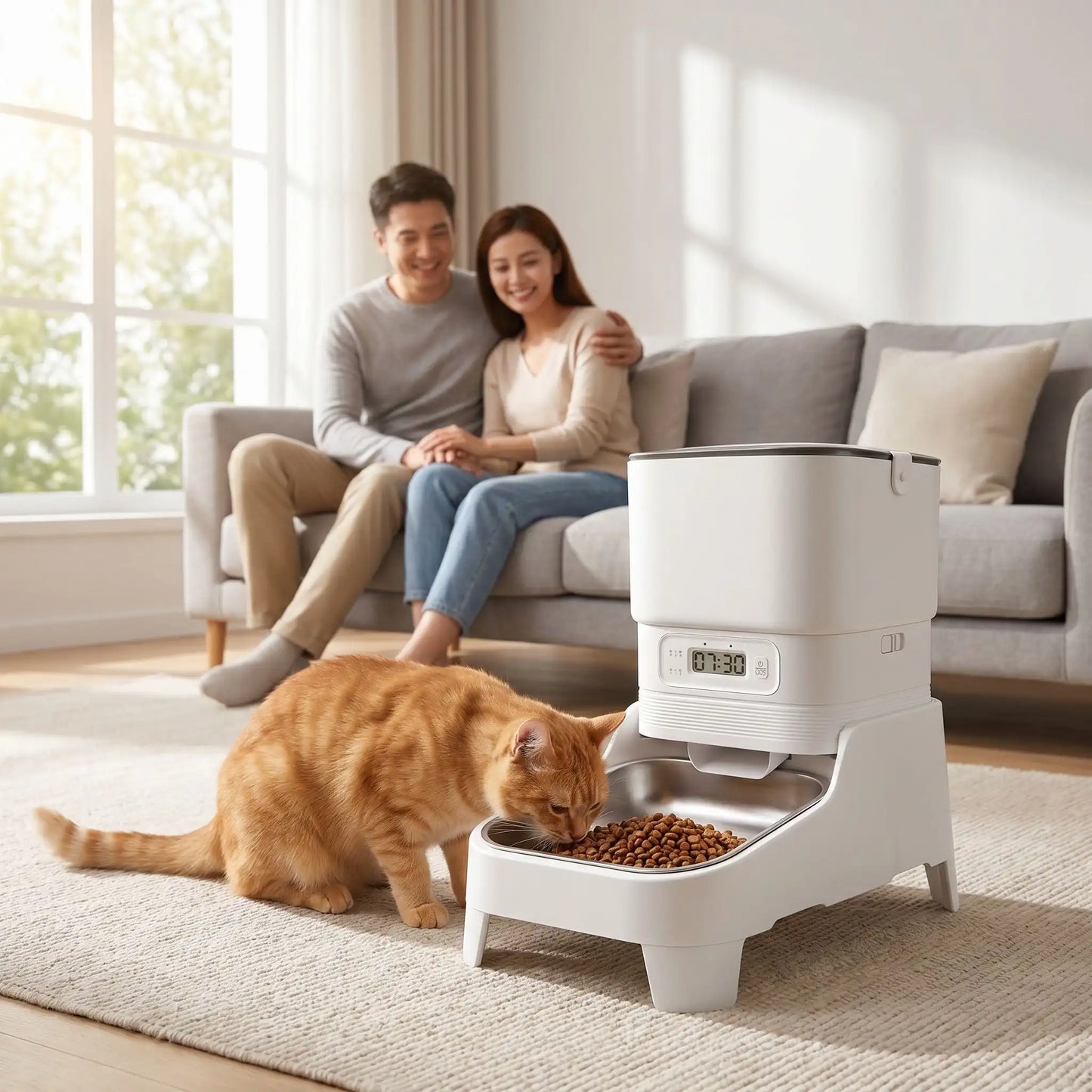 distributeur croquette chat avec famille en arrière-plan