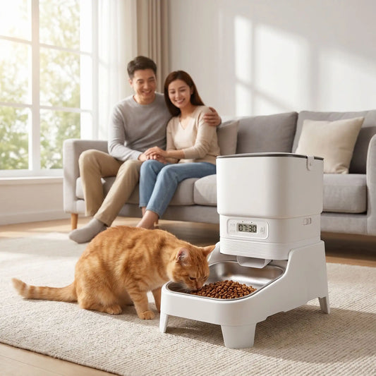 distributeur croquette chat avec famille en arrière-plan